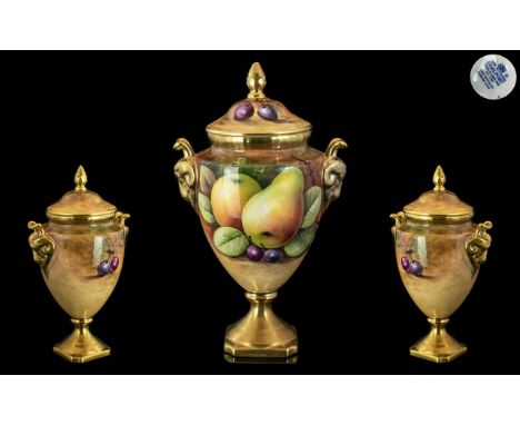 Coalport Hand Painted Porcelain Fruits Twin Handled Lidded Vase ' Apples and Pears ' Stillife. Signed N. Lear. Height 7.25 In