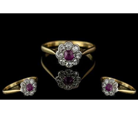 18ct Gold &amp; Platinum Exquisite Ruby &amp; Diamond Set Cluster Ring.  Marked 18ct and platinum to interior of shank, circa