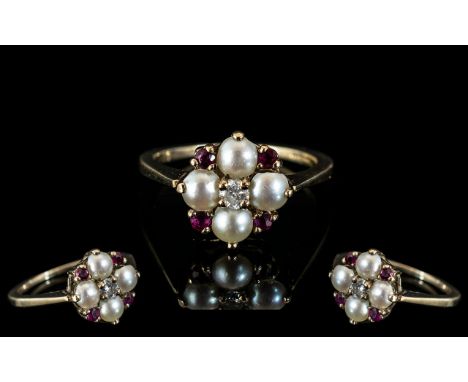 Ladies 9ct Gold Attractive Pearl Diamond Ruby Set Dress Ring. Fully Hallmarked. Ring Size M. Weight 2.6 grams. 