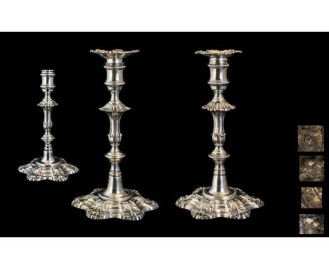 George II - III Fine Pair of Matched Cast Silver Candlesticks with Hexafoil Petal Bases, Leading to Stems. Hallmark for John 