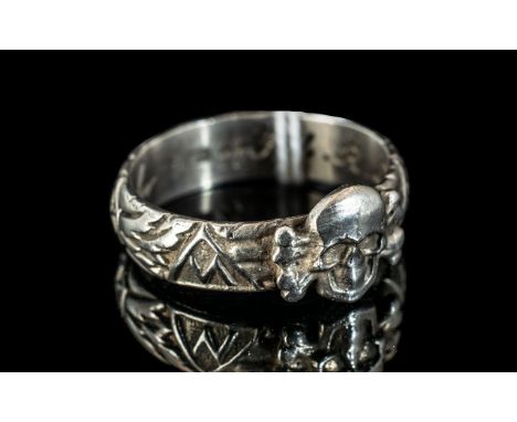 A German Reproduction Silver Heinrich Himmler Totenkopf sterling silver ring with sharp details in a good condition.  With a 