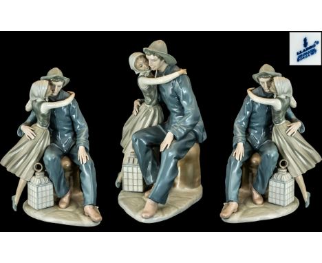 Lladro - Large and Impressive Hand Painted Porcelain Figure - Titled ' The Kiss ' Fisherman and His Daughter. Model No 4888. 