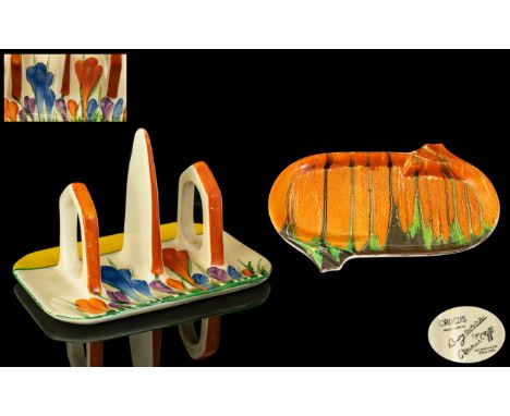 Clarice Cliff 1930's Hand Painted Oblong Tray of Small Proportions ' Forrest Glen ' Design. c.1935. Length 6.75 Inches + Clar