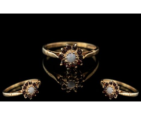 Ladies 9ct Gold Attractive Garnet and Opal Set Cluster Ring. Flower head Setting, Pretty Ladies Ring. Full Hallmark to Interi