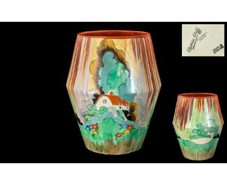 Clarice Cliff Hand Painted Large 1930's Vase ' Forrest Glen ' Red Roofs Design. c.1935. Height 9.25 Inches - 23.20 cms. Over 