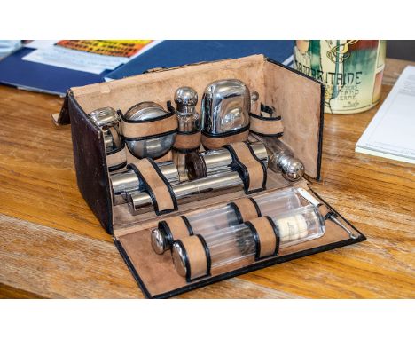 Gentleman's Toilet Travelling Case, including four glass bottles with lids, three boxes, two long tubes, toothbrush holder, b