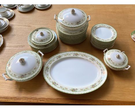 Noritake Dinner Service Comprising - Large oval platter, 12 dinner plates, 12 side plates, 7 sandwich plates, two lidded serv