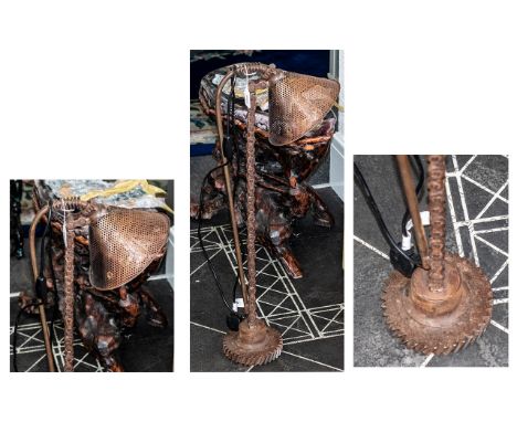 Industrial Style Lamp,  cogwheel base, chain pedestal, metal pierced shade.  Modern industrial design.