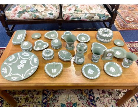 A Collection Of Green Jasperware Wedgewood Pottery to include, a quantity of trinket pots and dressing table ornaments, recta