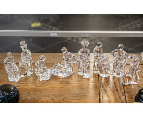 Orrefors Swedish Glass - set of eight Swedish glass figures depicting glassblower, baker, chimney sweep and many other types 
