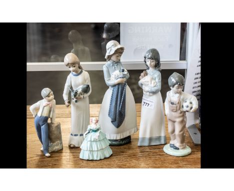 Collection of Six Porcelain Figures, comprising a Nao figure of a girl with a puppy, 9.5'' tall, a Nao figure 1068 of a boy w