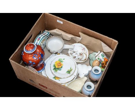 Box of Assorted Quality Porcelain &amp; Pottery, including a Wedgwood ginger jar, a Royal Doulton porcelain floral mantle clo