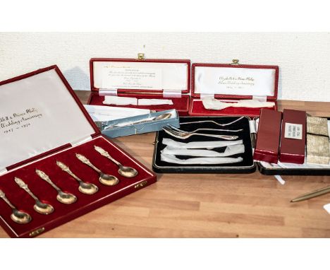 A Collection Of Boxed Flatware To Include, Six Silver Cake Forks, Six Silver Teaspoons, Two Single Boxed Silver Spoons, And F