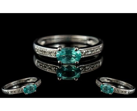 Ladies - Attractive 9ct Gold Diamond and Aquamarine Set Ring. Full Hallmark to Interior of Shank. The Aquamarine of Good Colo