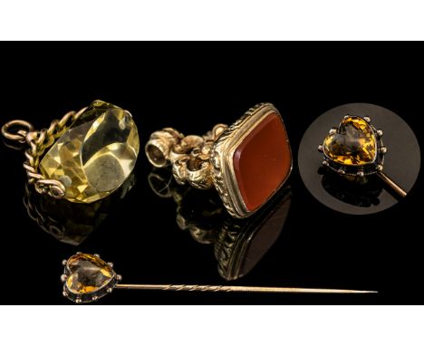 Antique 9ct Gold Ornate Carnelian Set Seal/Fob, fully hallmarked for 9.375, plus a 9ct gold swivel ring set with a large pale