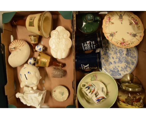 A mixed collection of mainly pottery to include pub advertising jugs, Wade decanters, Wade piggy bank, Spode Velamour wall po