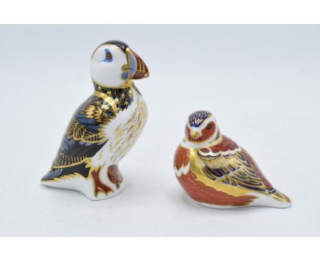 Boxed Royal Crown Derby paperweight Chaffinch (gold stopper and first quality) together with Puffin (second quality, slight c