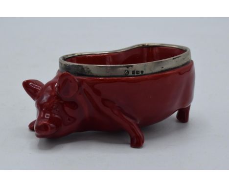 Charles Noke for Royal Doulton silver mounted Flambe pig dish, London 1908, 10.5cm long.  In good condition with no obvious d