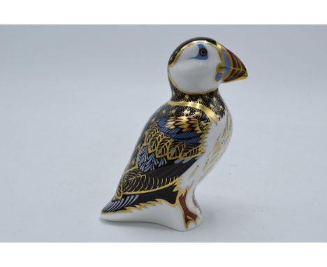 Boxed Royal Crown Derby paperweight Puffin, first quality with gold stopper.  In good condition with no obvious damage or res