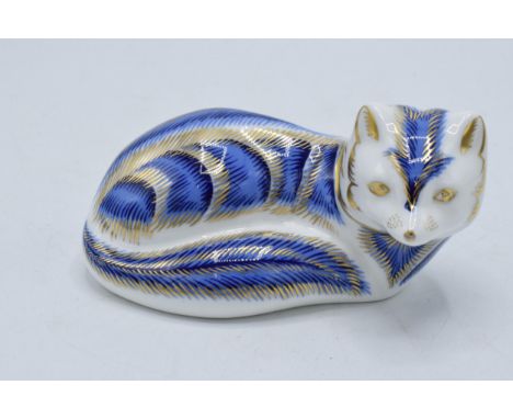 Boxed Royal Crown Derby paperweight Platinum Arctic Fox. First quality with gold stopper.  In good condition with no obvious 