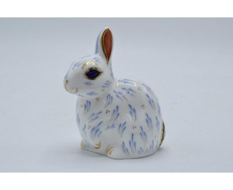 Boxed Royal Crown Derby paperweight Snowy Rabbit, first quality with gold stopper.  In good condition with no obvious damage 