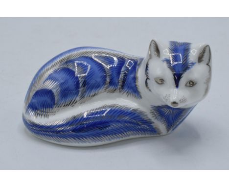 Boxed Royal Crown Derby paperweight Platinum Arctic Fox, first quality with gold stopper.  In good condition with no obvious 