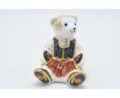 Boxed Royal Crown Derby paperweight Scottish Teddy Shona Bear, first quality with gold stopper.  In good condition with no ob