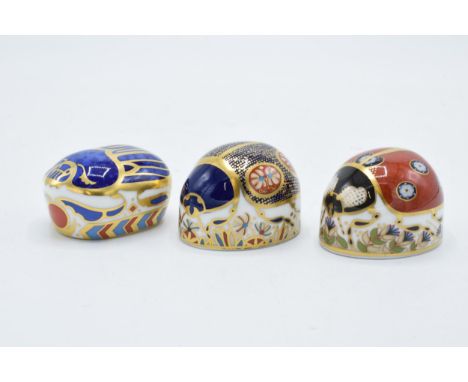 Boxed Royal Crown Derby paperweights Millennium Bug, Blue Ladybird with 4 spots and a Red Ladybird with 7 spots, first qualit