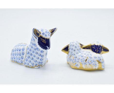 Boxed Royal Crown Derby paperweights Twin Lambs and a Lamb , first quality with gold stoppers.  In good condition with no obv