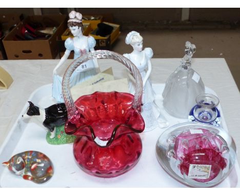 A Coalport limited edition figure of Elizabeth Bennett, another figure, a Royal Crown Derby cat, cranberry vase etc