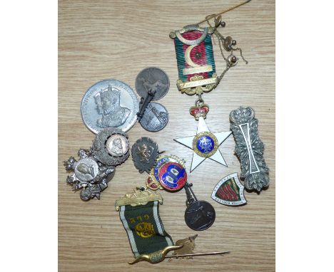 A silver gilt and enamel RAOB lodge badge; a silver colliery medal; and others