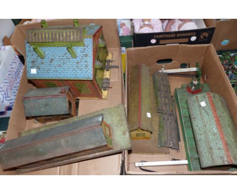 A pre-war Hornby '0' gauge tin plate 2 track engine shed, a signal box and similar platforms with station buildings