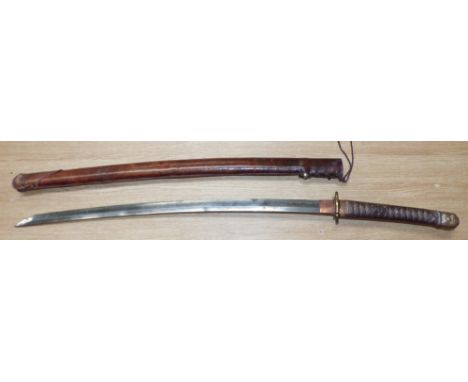 A Japanese Katana sword with WWII leather cased scabbard, brass mounts, overall length 39", WWII military mounts with possibl