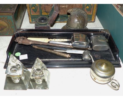 A silver mounted ebony pen and ink stand; novelty and vintage pens; inkwells; etc.