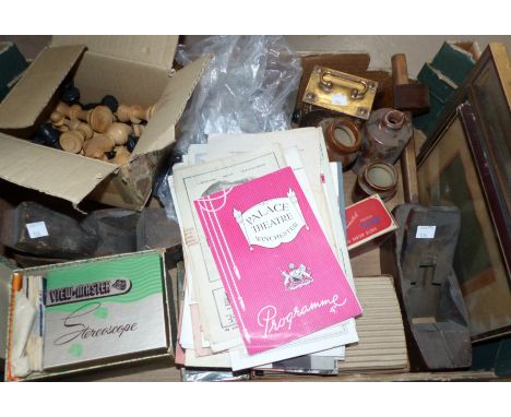 A selection of collectables including old tools; chess sets; games; theatre programmes; etc.