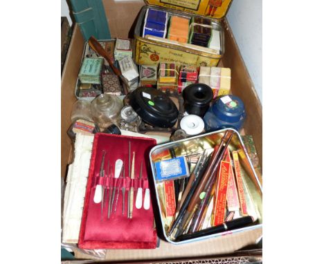 A large selection of dip pens; pen nibs; inkwells and related items, some in original boxes