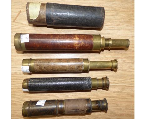 A 3-draw brass telescope; 3 similar smaller telescopes
