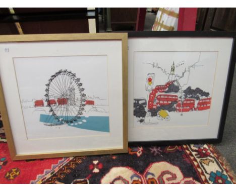 A pair of modern prints of London, depicting London Eye and London buses, each framed and glazed, each approx. size 43cm x 43