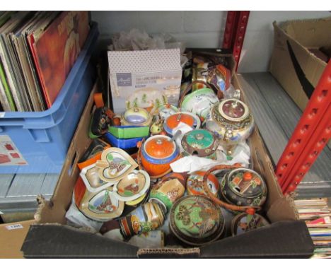 A box containing a quantity of Satsuma wares including tea set, lidded pots, ashtrays, etc