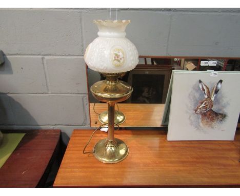 A modern brass oil lamp style table light with glass moulded shade, 70cm tall  