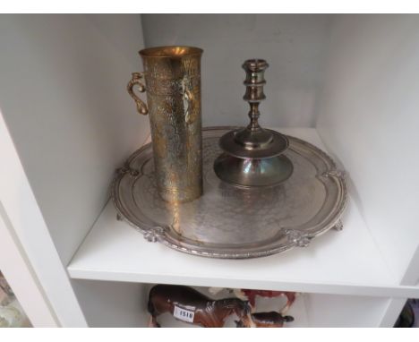 A silver plate salver, a 17th Century style candlestick and Indian brass taper-stick holder (3)
