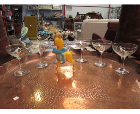 A set of six Babycham champagne saucers together with deer figure
