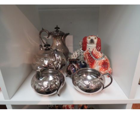 An electro-plated tea set together with one Staffordshire dog and another of a Dalmatian 