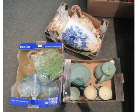 Three boxes containing mixed glassware, Denby tea set, etc, some a/f       