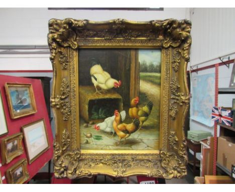 An oleograph of chickens in farmyard, gilded frame, 24cm x 19cm