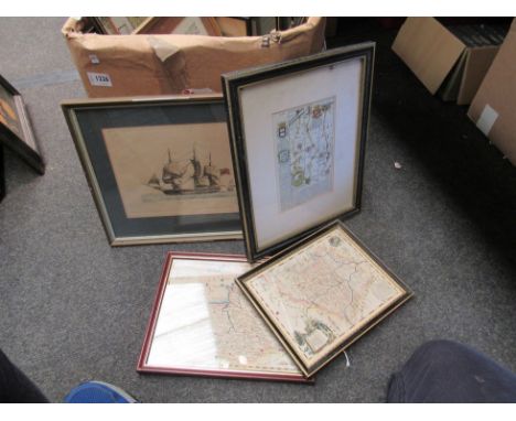 A box containing assorted pictures and prints including maps of Essex and Kent