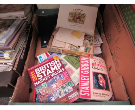 A collection of stamp catalogues, three boxes containing loose British and Commonwealth stamps including Queen Victoria, King