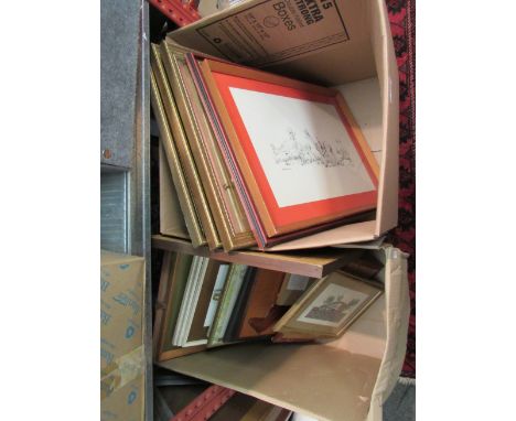 Two boxes containing a quantity of mostly animal related pictures and prints     
