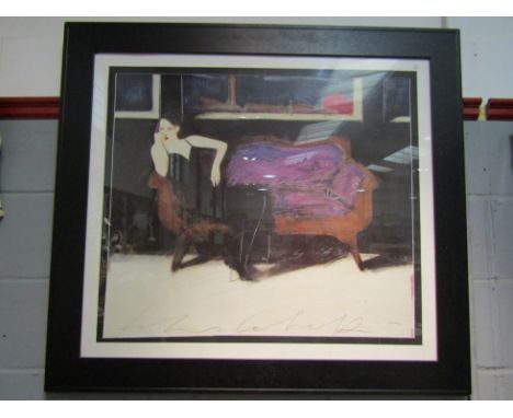 A large ebonised oak framed lithograph after the Italian artist FABIO CALVETTI (b. 1956), of a lady lying on a chaise longue 