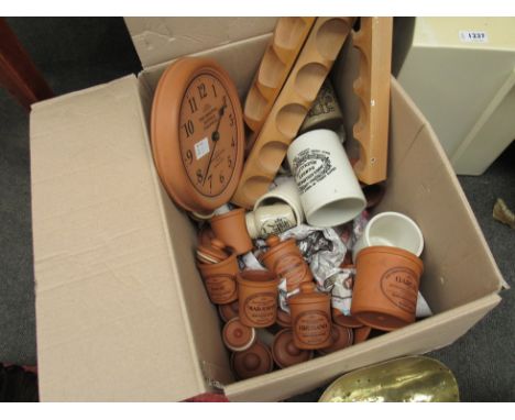 A box of assorted kitchenalia including Henry Watson, stoneware, set of scales, ceramic tureen in the form of a chicken etc.